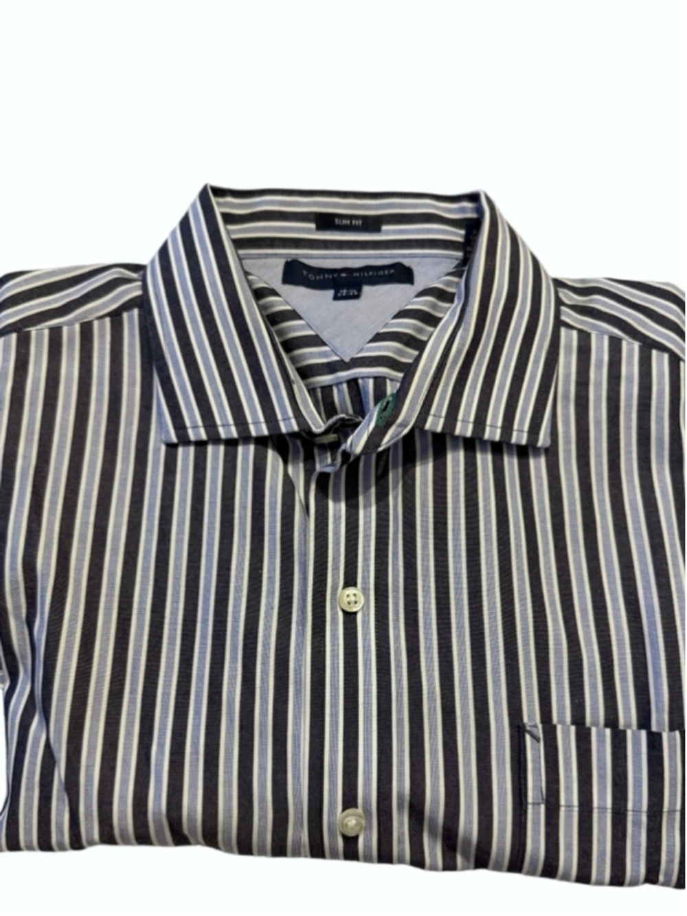 Tommy Hilfiger Long Sleeve Men's Navy, Light Blue, and White Striped Dress Shirt